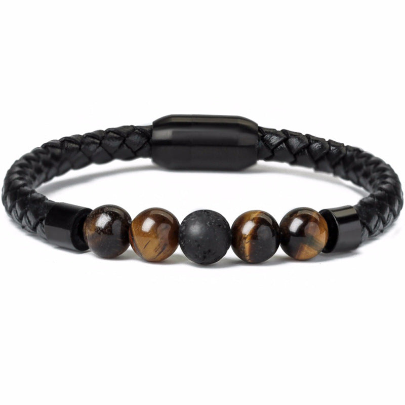 Fashion Circle PU Leather & 8mm Tiger Eye Stone Beaded Men's Bracelet with Magnetic Clasp