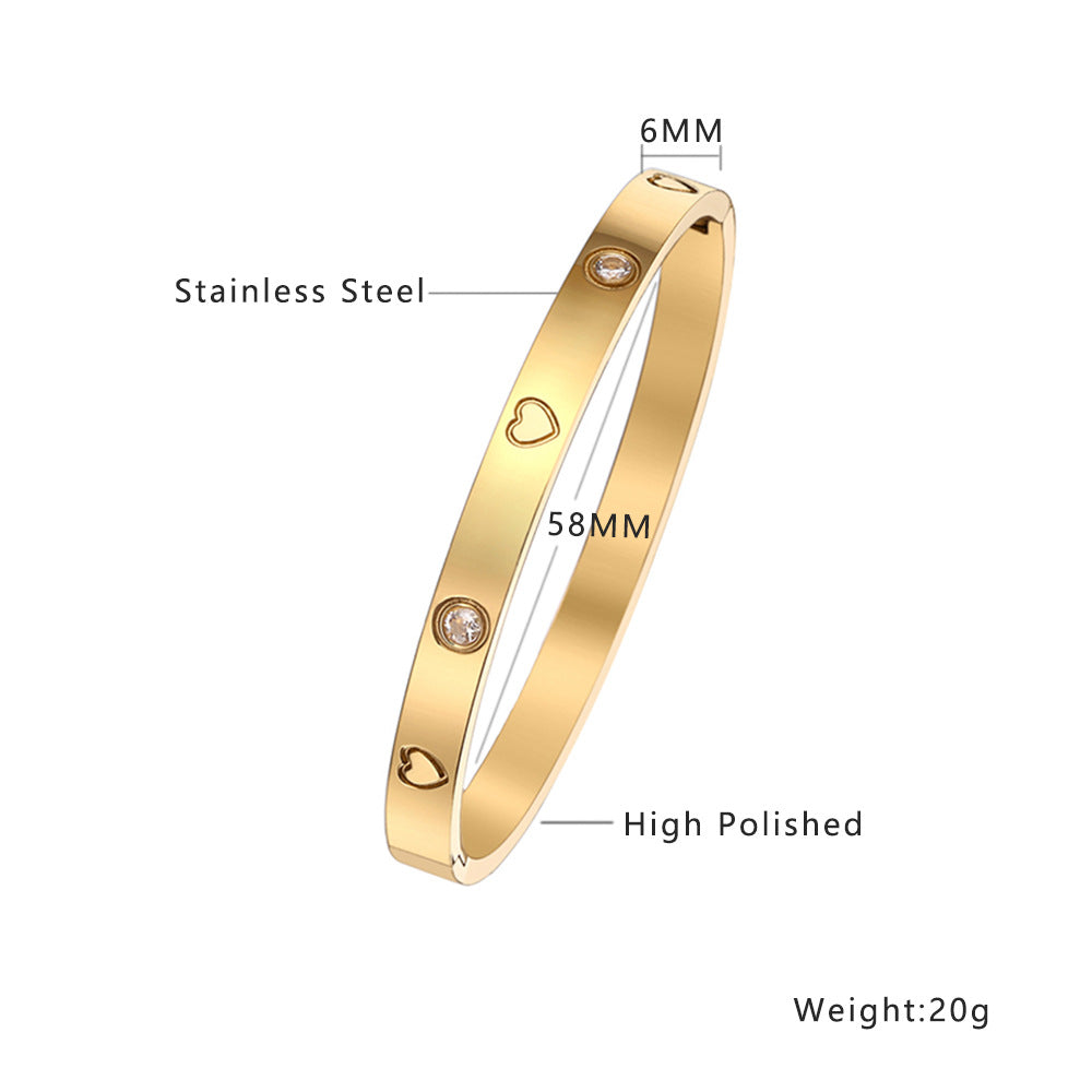 Simple Heart Shape Diamond Gold-Plated Titanium Steel Bangle Bracelet