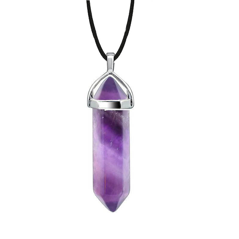 Hexagon Prism Natural Stone Leather Rope Necklace with Quartz Point Pendant