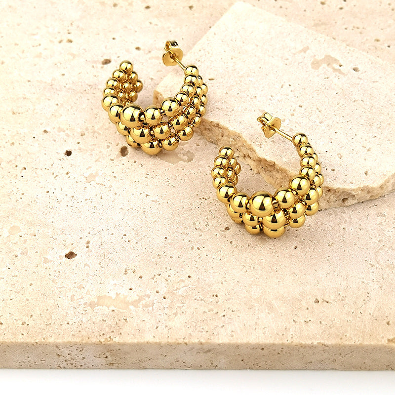 1 Pair Minimalist C Shape Stainless Steel Beaded Hoop Earrings