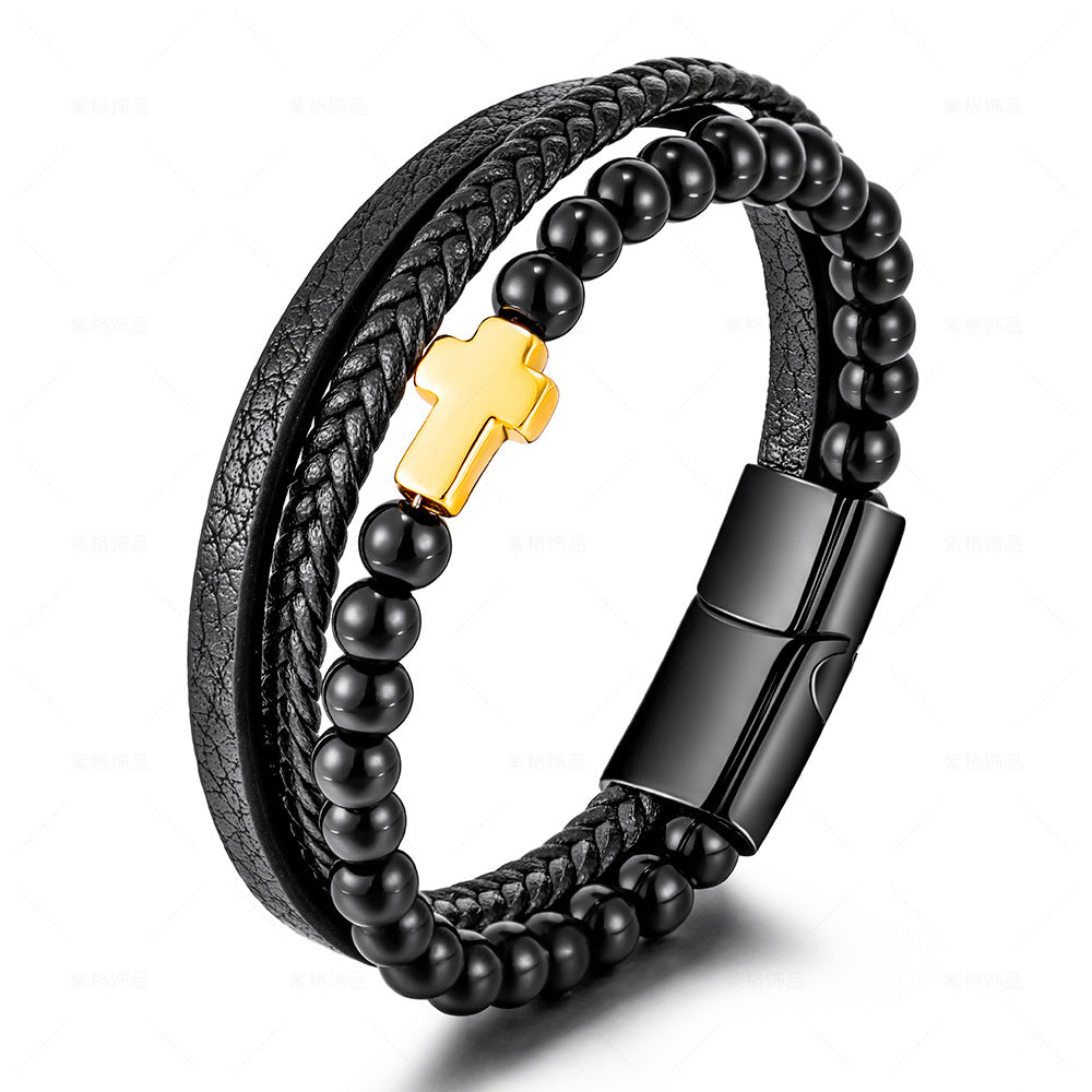 Geometric Titanium Steel Cross Layered Bracelet with Natural Tiger Eye Stone