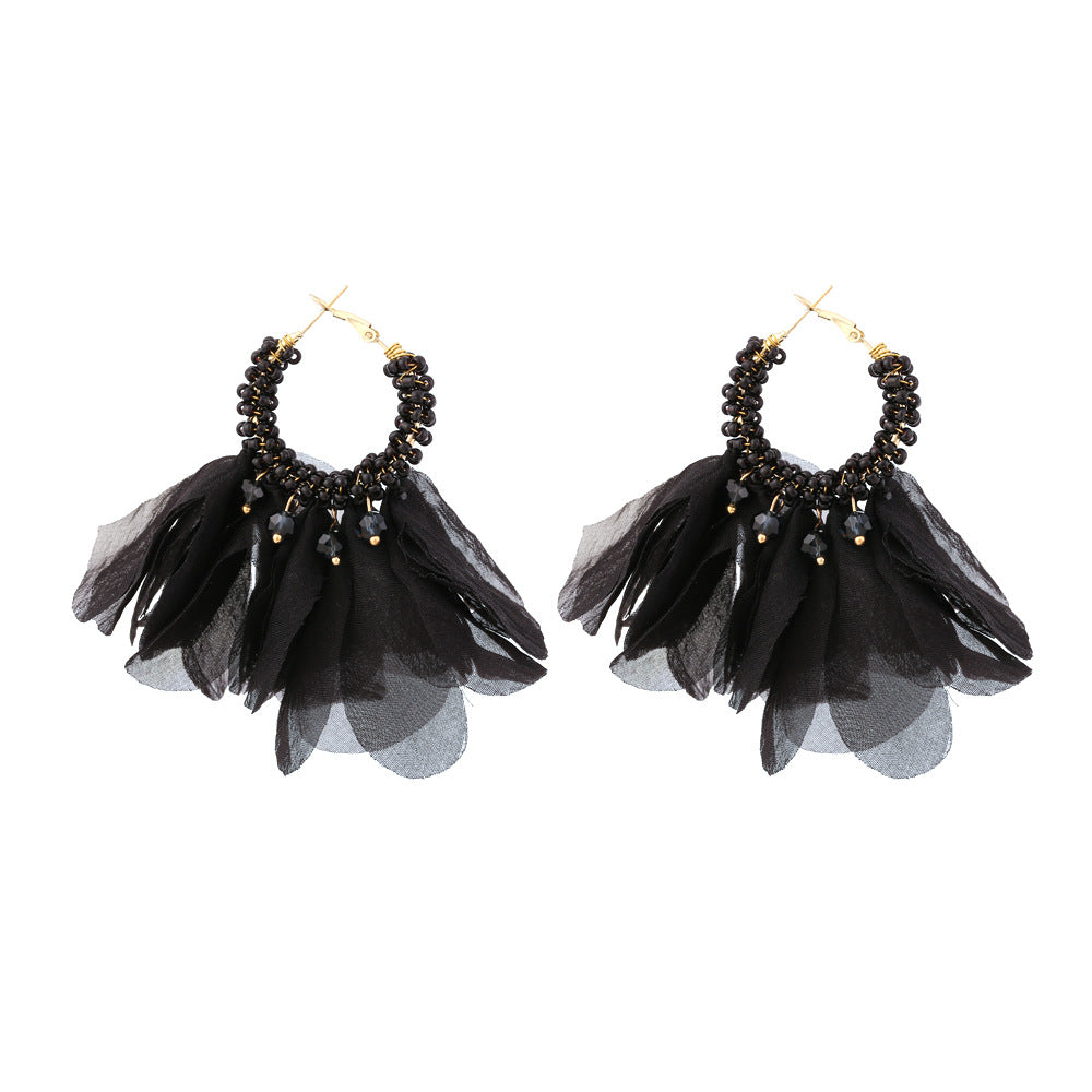 Ethnic Bohemian Purple Chiffon Flower Beaded Hoop Earrings for Women
