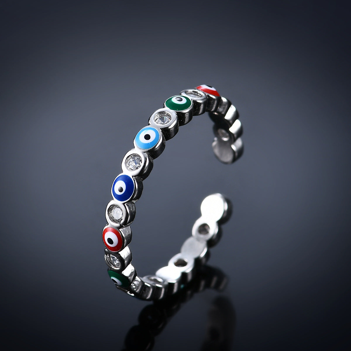 Fashion Jewelry Copper Ring with Micro-inlaid White Zircon and Enamel Evil Eye Design