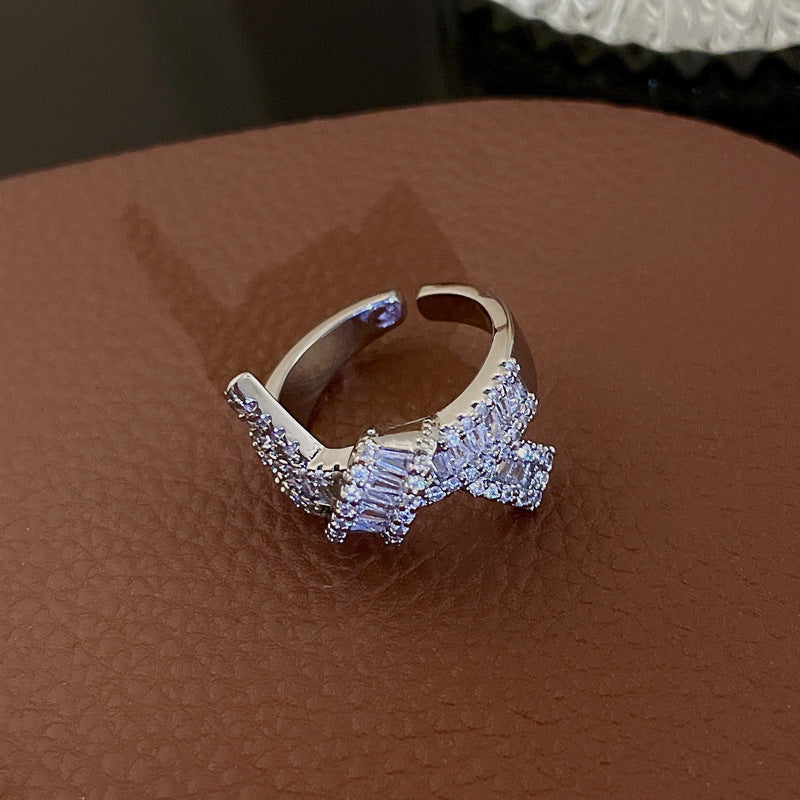 Fashion Heart & Bow Knot Zircon Adjustable Copper Ring