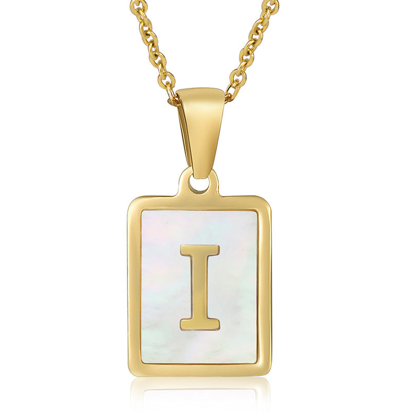 Stainless Steel Alphabet Pendant Necklace with Inlay Shell and 18K Gold Plating
