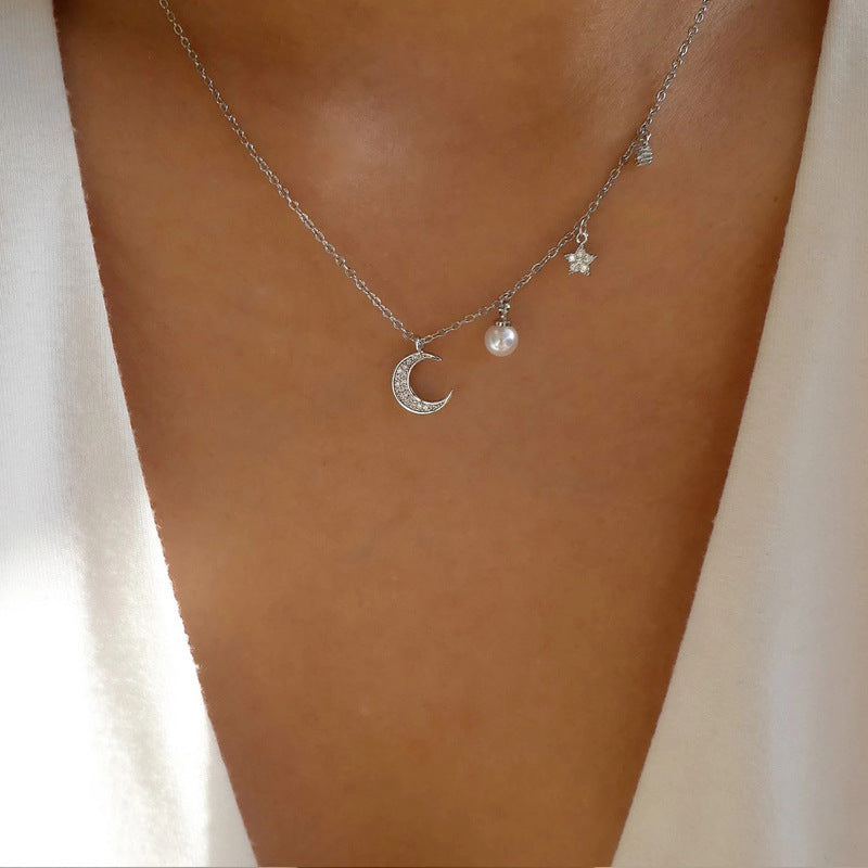 Simple Fashion Double-Layer Alloy Star and Moon Pendant Necklace