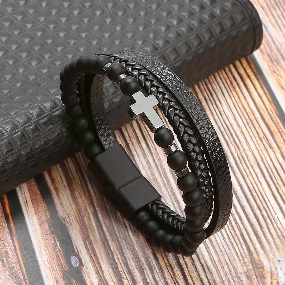 Retro Cross Alloy Natural Stone Tiger Eye Men's Bracelet