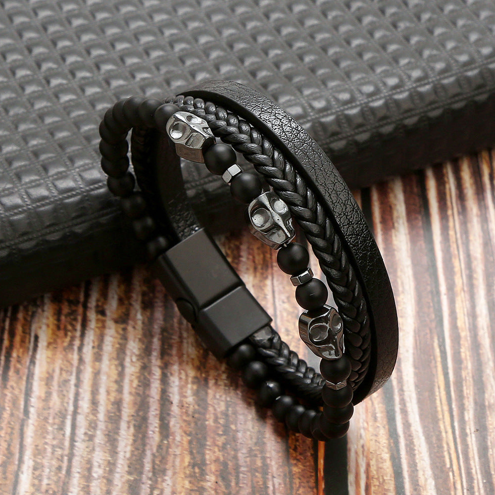 Retro Round Stainless Steel Natural Stone Skull Beaded Men's Bracelet with Volcanic Rock Magnetic Clasp