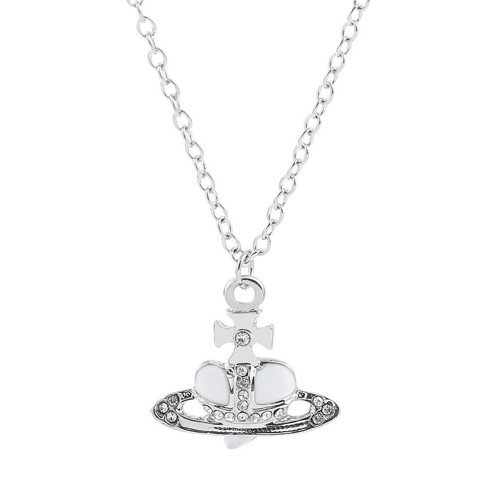 Heart Shape Alloy Pendant Necklace with Rhinestone Inlay and Glass Planet Charm