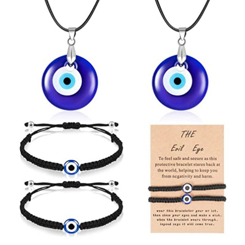 Blue Turkish Evil Eye Glass Pendant Necklace and Hand-woven Bracelet Set