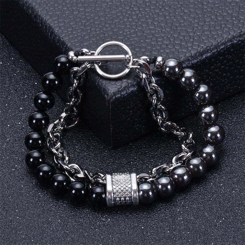 Geometric Natural Stone Lava Bead Stainless Steel Double Layer Bracelet