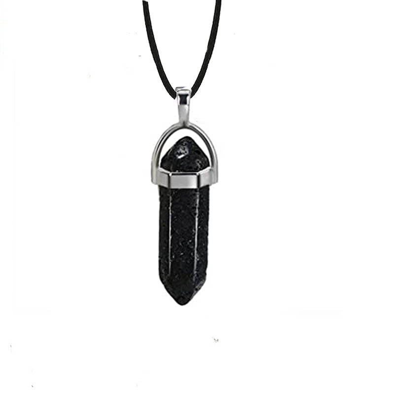 Hexagon Prism Natural Stone Leather Rope Necklace with Quartz Point Pendant