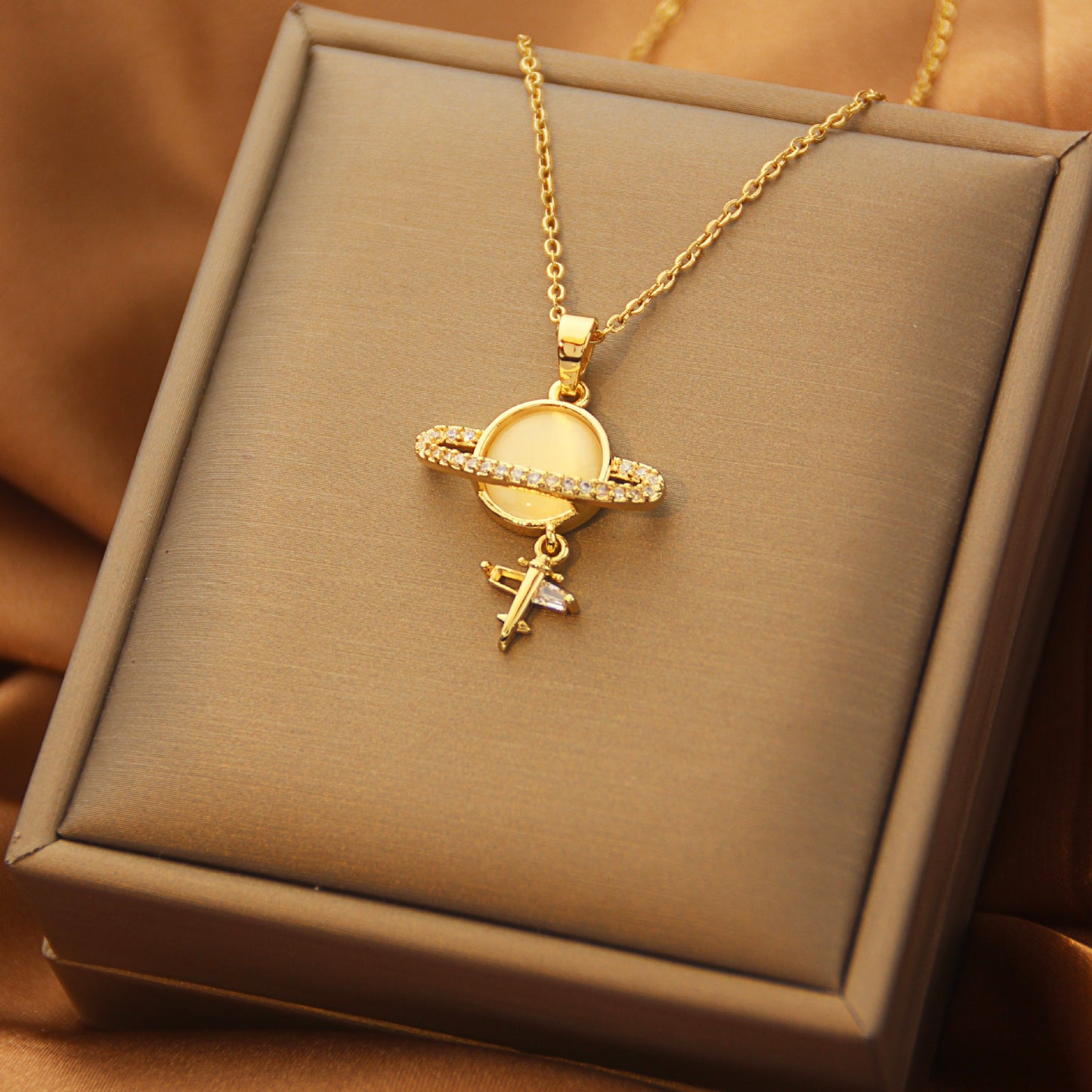 Elegant Maple Leaf Heart Titanium Steel Zircon Cross Pendant Necklace