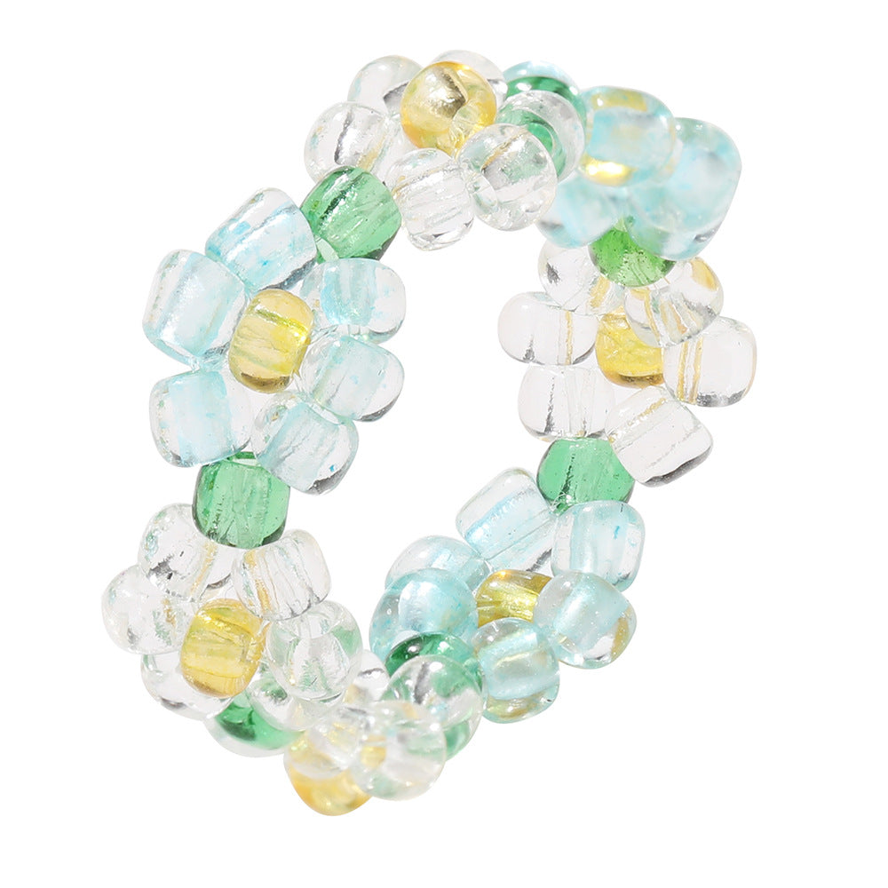 Simple Crystal Bead Elastic Woven Flower Ring in Candy Colors