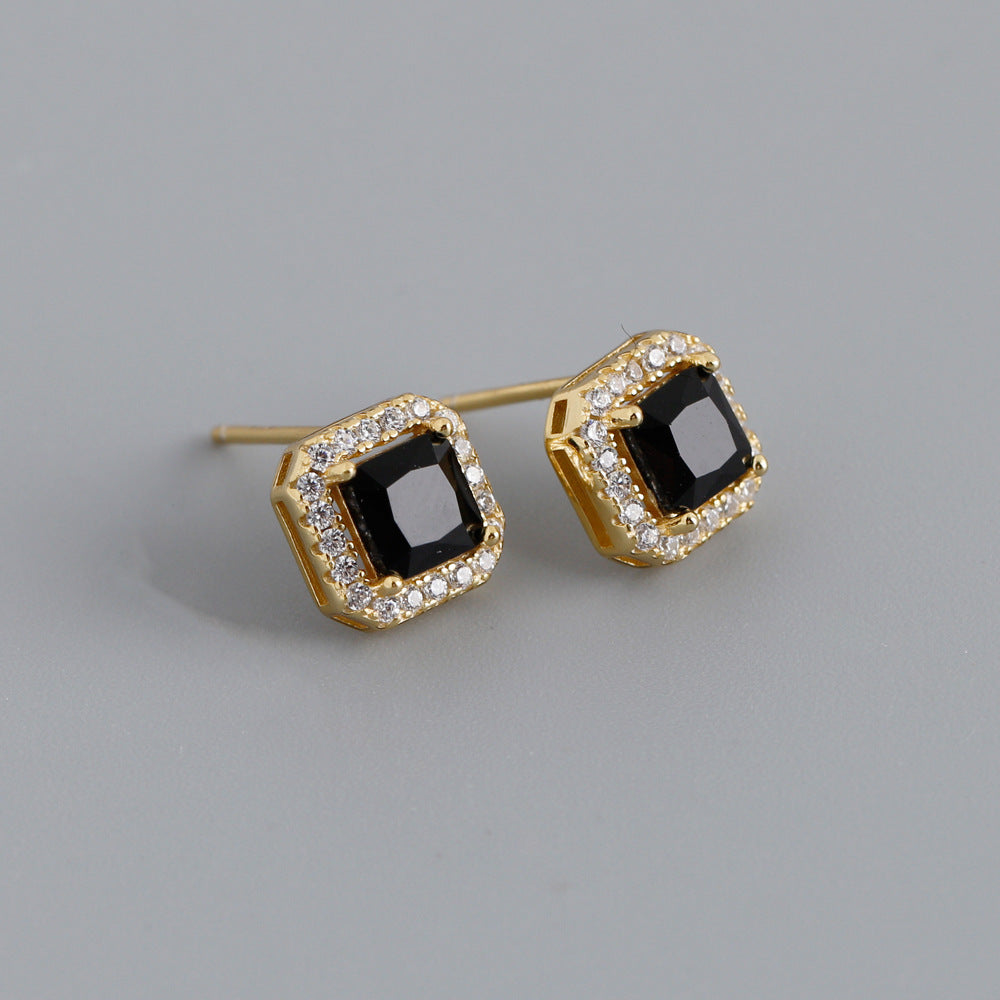 Geometric Sterling Silver Zircon Square Stud Earrings