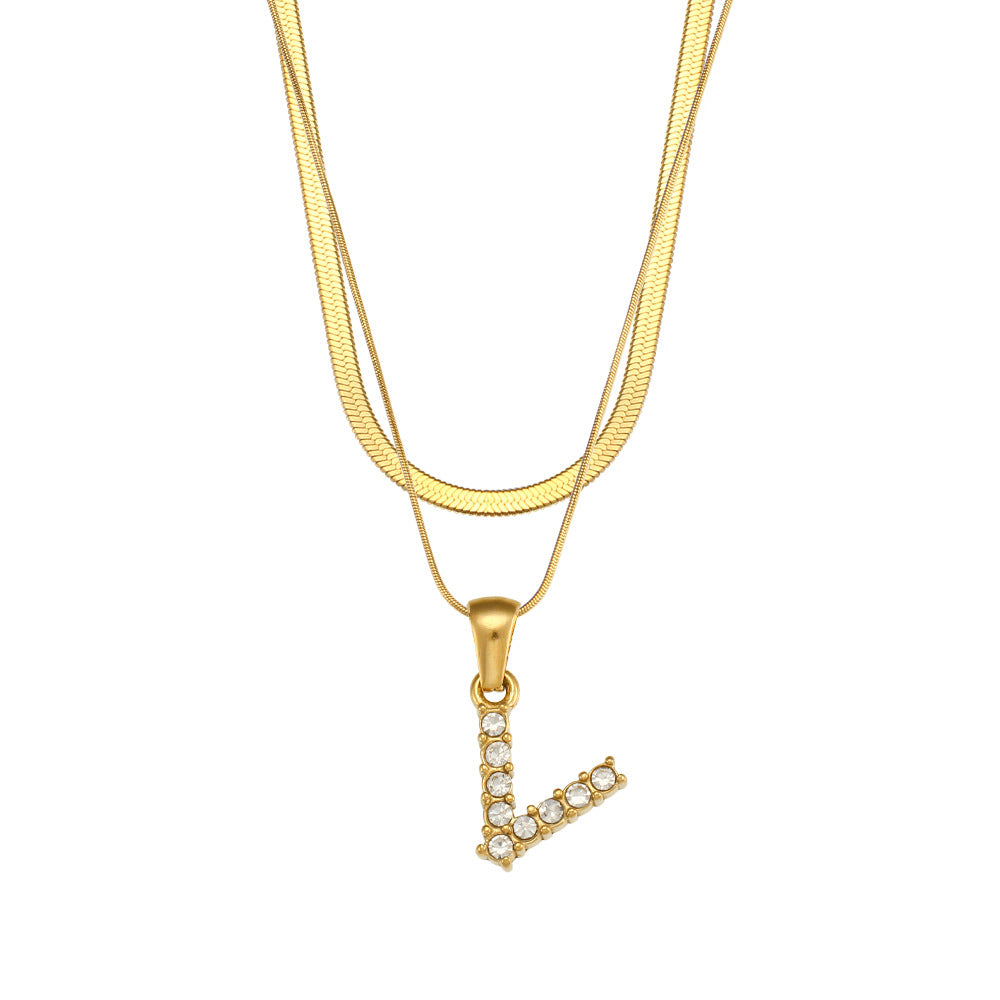 18K Gold Plated Double-Layer Zircon Letter Stainless Steel Necklace