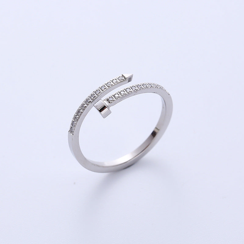 Simple Geometric Zircon Inlaid Titanium Steel Statement Ring for Women