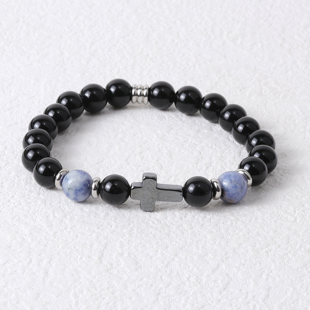 Hip-Hop Retro Natural Stone Beaded Men's Bracelet with Tiger's Eye and Black Gallstone Cross