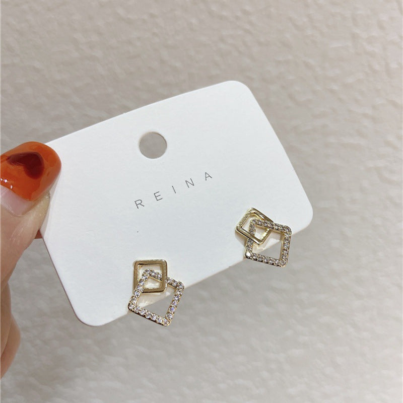 Simple Geometric Square Silver Stud Earrings