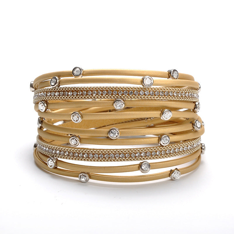Simple Style Multi-Layer PU Leather Wrap Bracelet with Alloy Inlay Rhinestones for Women