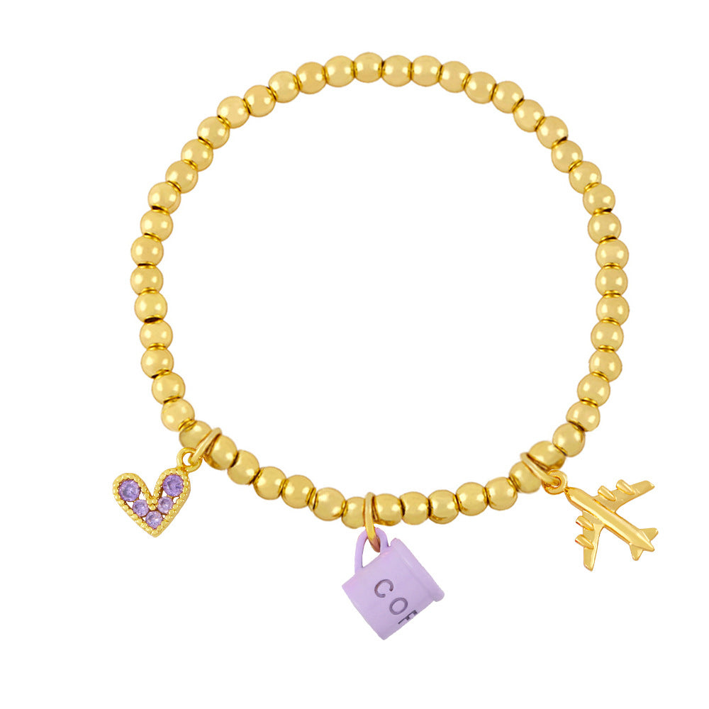 Creative Fun Bracelet with Coffee Cup Airplane Love Heart Pendant Beads
