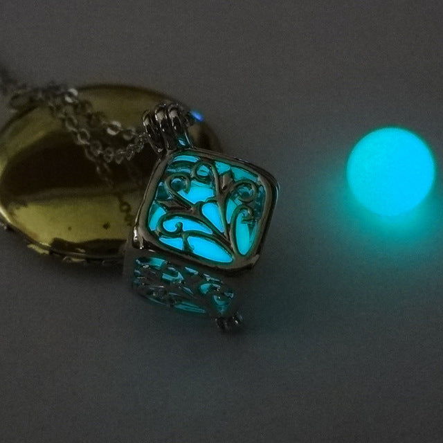 Hollow Square Life Tree Luminous Pendant Necklace with Creative Glow Cube Charm