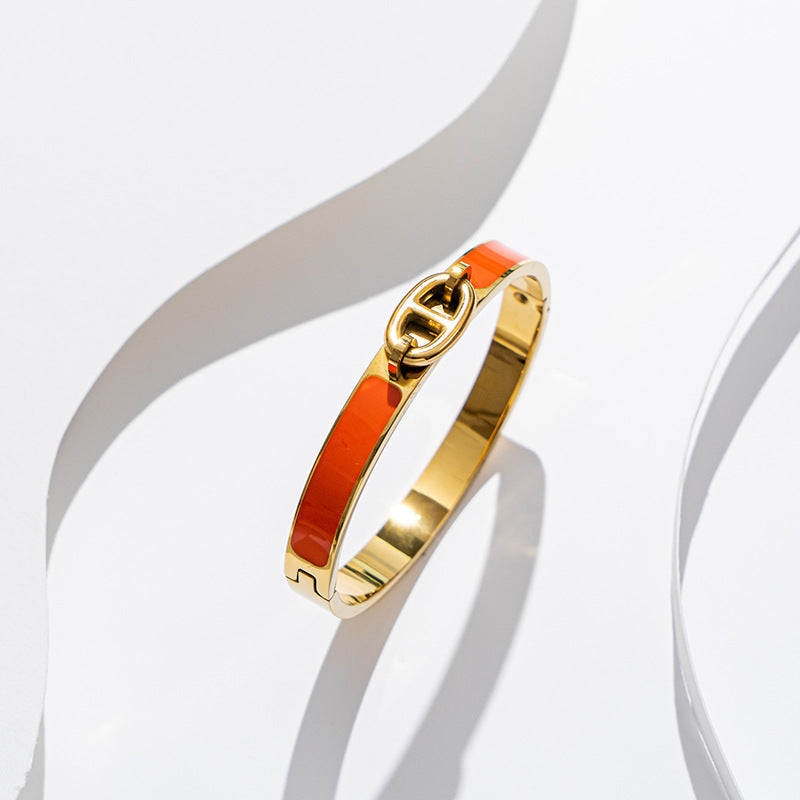 Cute Oval Enamel Stainless Steel Bangle with 18K Gold, Rose Gold, and Silver Plating