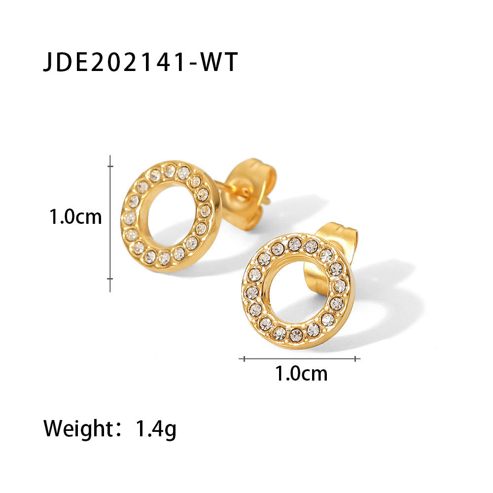 Minimalist Round Zircon Inlay 18k Gold Plated Stainless Steel Earrings