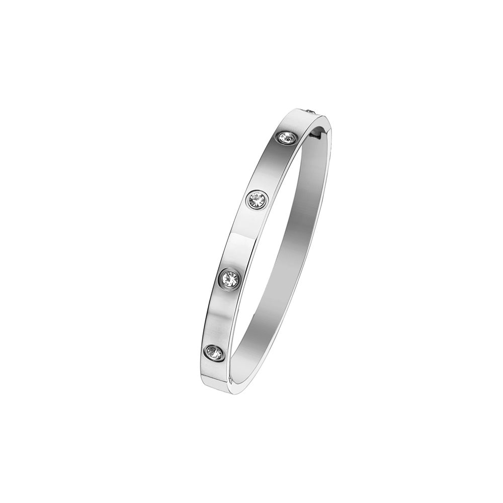 Simple Heart Shape Diamond Gold-Plated Titanium Steel Bangle Bracelet
