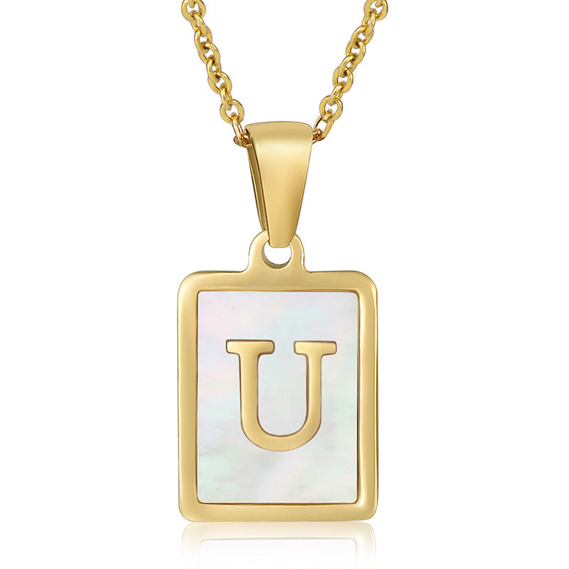 Stainless Steel Alphabet Pendant Necklace with Inlay Shell and 18K Gold Plating