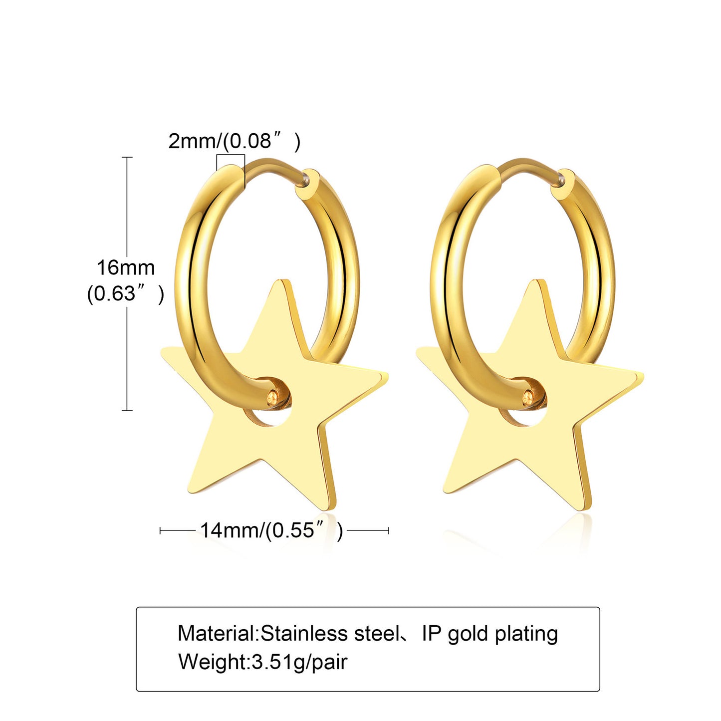 1 Pair 18K Gold Plated Star and Twisted Hoop Stainless Steel Drop Earrings with Zircon Inlay