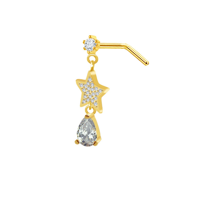 Glam Rock Ethnic Style Star Heart Butterfly Nose Rings & Studs with Teardrop Gemstone Pendant, 316 Stainless Steel and Copper Plating, Inlaid Rhinestones Zircon, Gold Plated Piercing Jewelry
