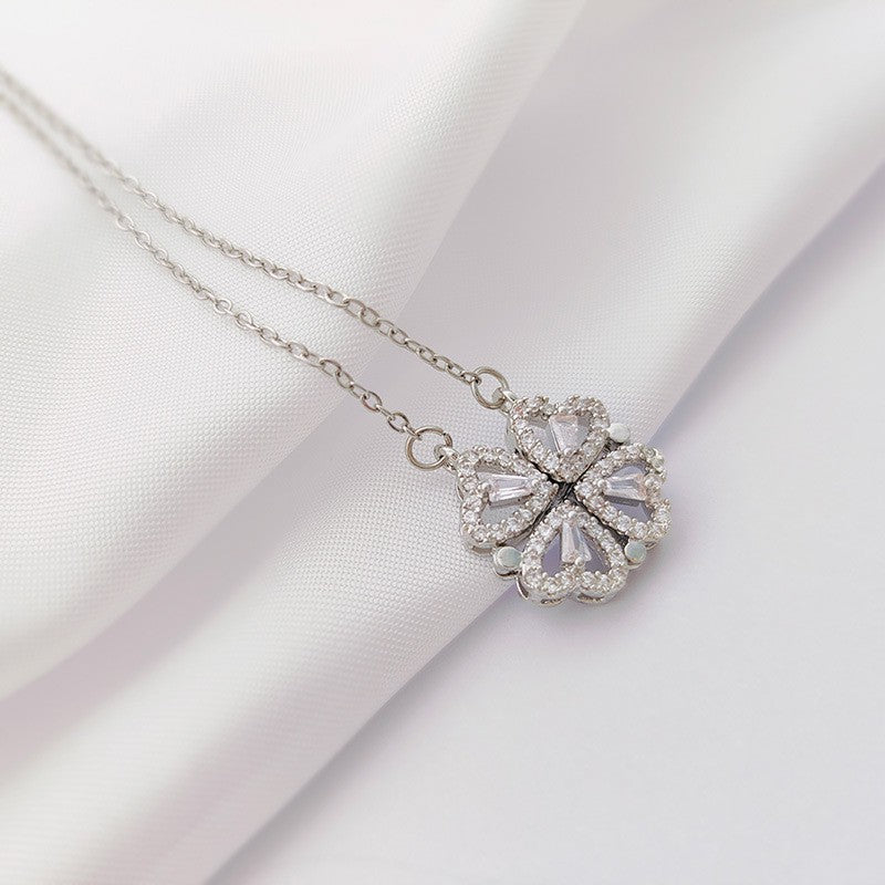 Simple Style Four Leaf Clover Heart Shape Titanium Steel Rhinestone Necklace