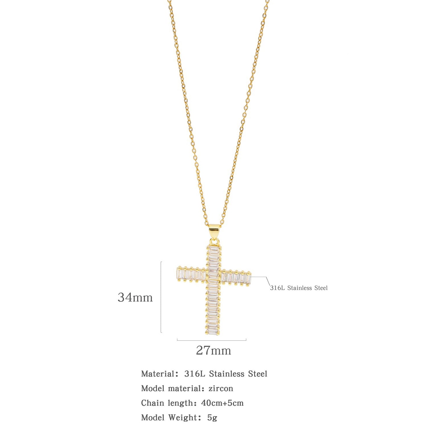 Glam Zircon Cross Pendant Necklace for Women in Copper Plated Stainless Steel