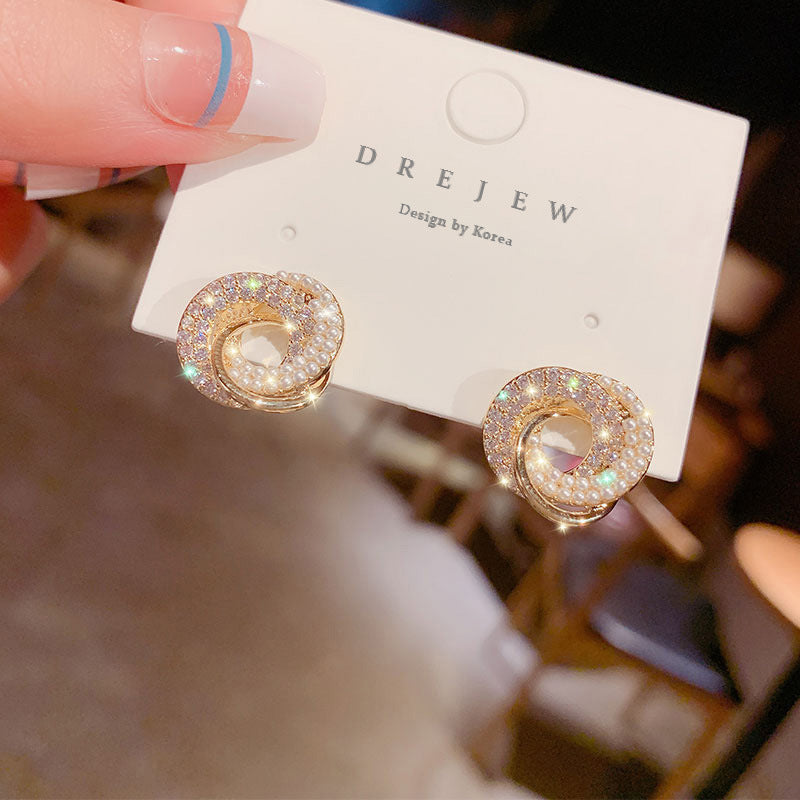 Korean Geometric Diamond Pearl Stud Earrings 925 Silver Needle