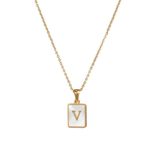 Unisex 18k Gold Plated Stainless Steel Letter Pendant Necklace with White Shell Accents