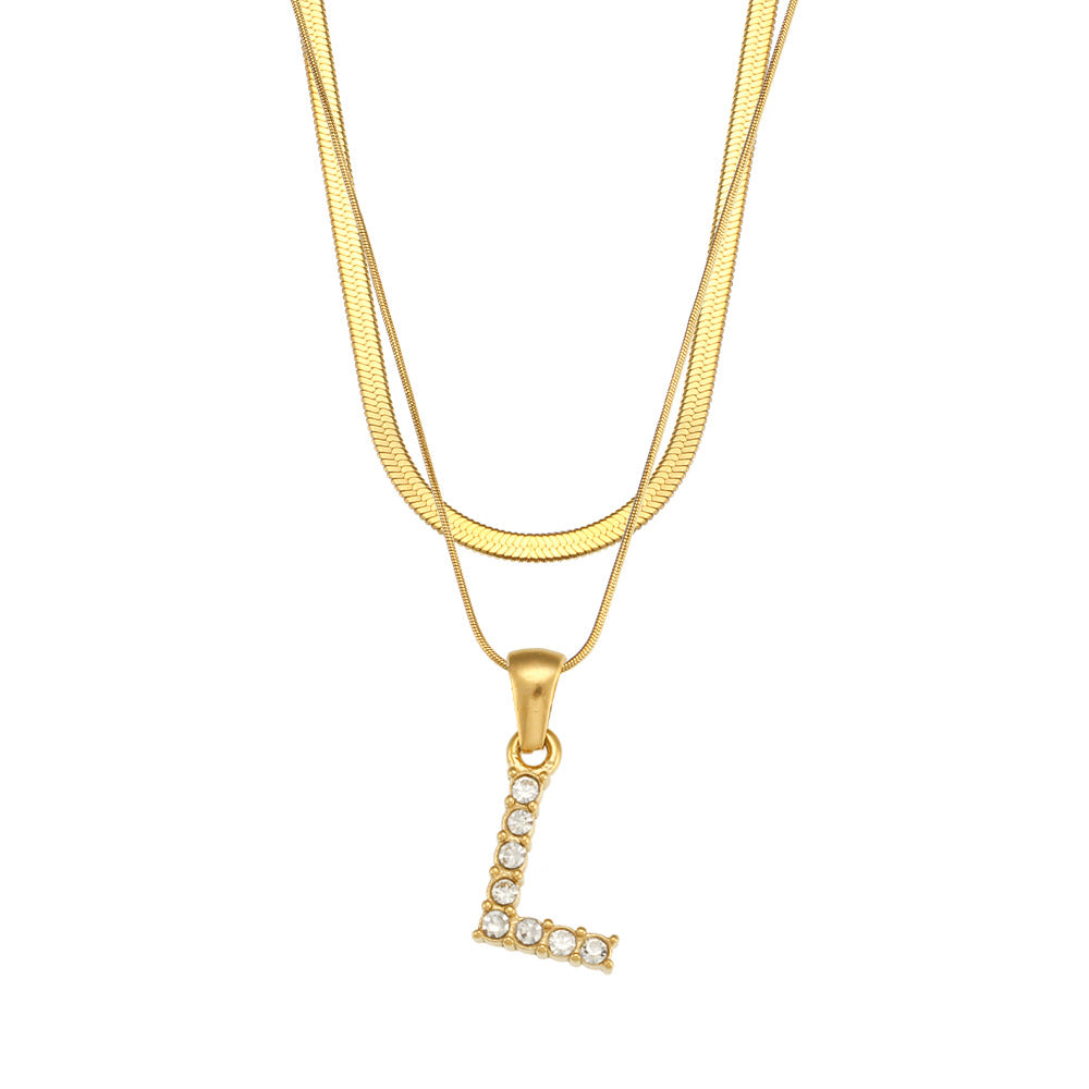 18K Gold Plated Double-Layer Zircon Letter Stainless Steel Necklace