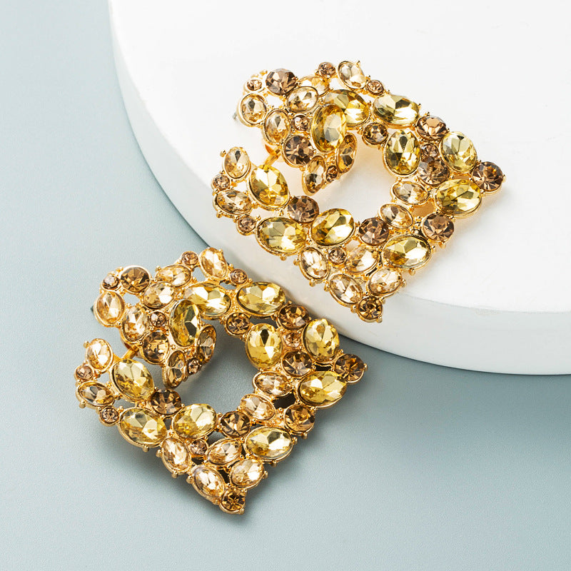 Exaggerated Geometric Square Color Rhinestone Alloy Earrings