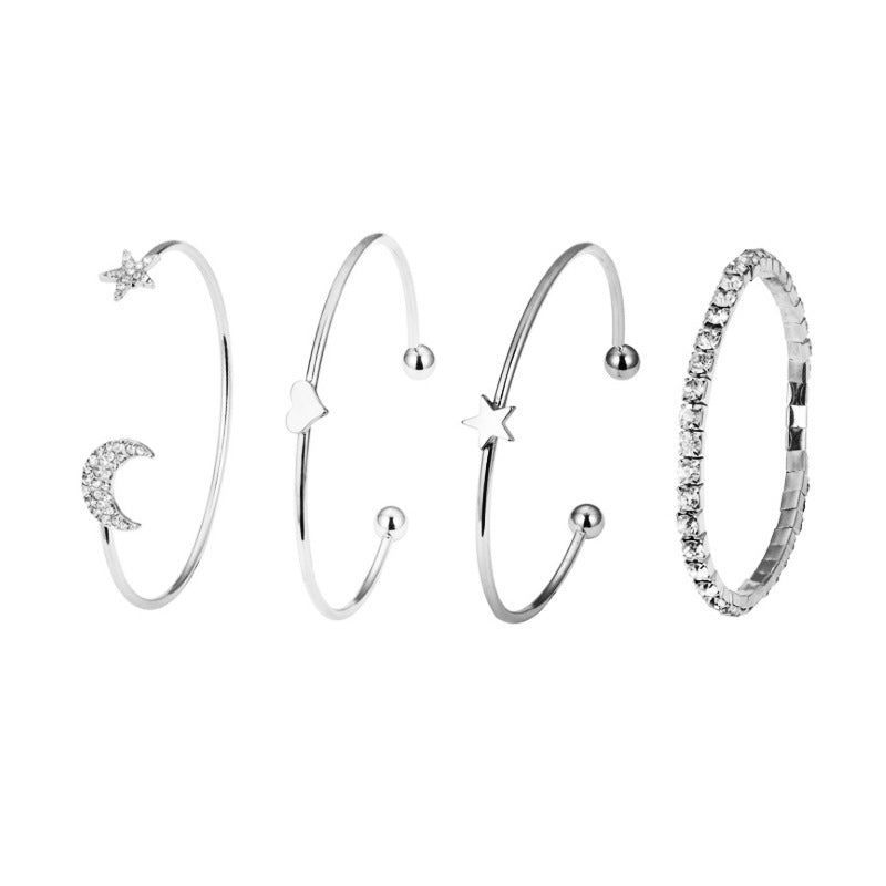 Simple and Stylish Star and Moon Studded Glossy Peach Heart Bracelet Set
