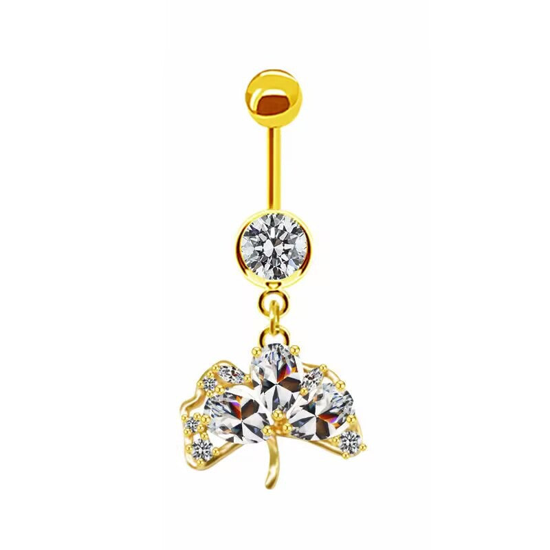 Simple Heart Butterfly Bow Knot Rhinestone Zircon Belly Ring in White and Gold Plated Stainless Steel