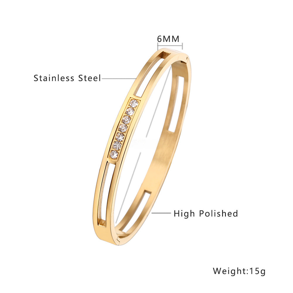 Simple Heart Shape Diamond Gold-Plated Titanium Steel Bangle Bracelet