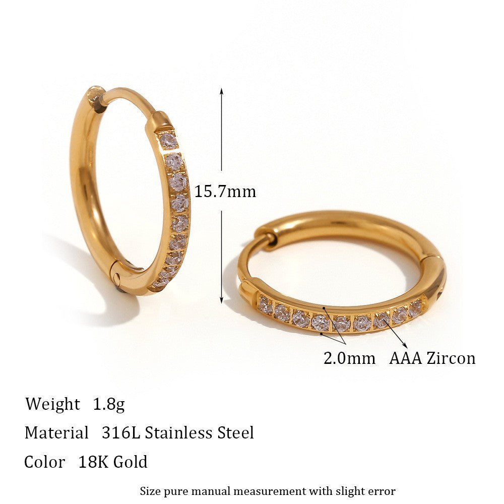 1 Pair Minimalist Round 18K Gold Plated Stainless Steel Zircon Hoop Earrings