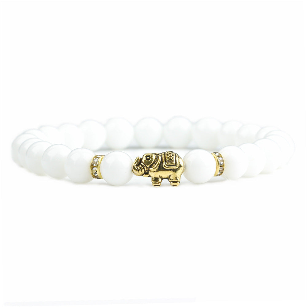 Retro Elephant Agate Beaded Bracelet with Frosted White Chalcedony Beads
