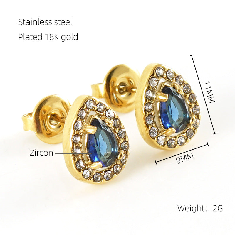 1 Pair Glamorous Water Droplet Heart Inlay Zircon 18K Gold Plated Stainless Steel Earrings
