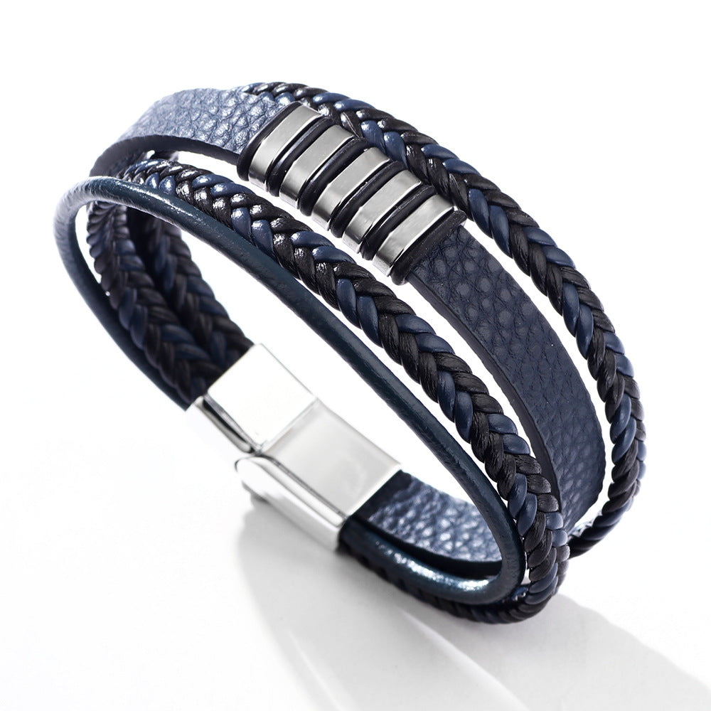 Wholesale Hip-Hop Oval Stainless Steel Leather Multi-Layer Magnetic Clasp Bracelet