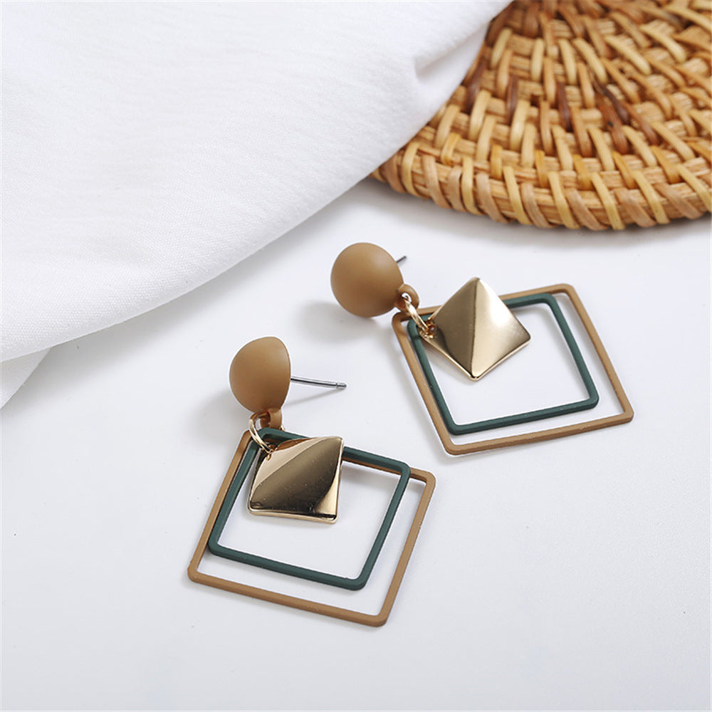 Frosted Geometric Square & Hollow Rhombus Metal Drop Earrings - Gold