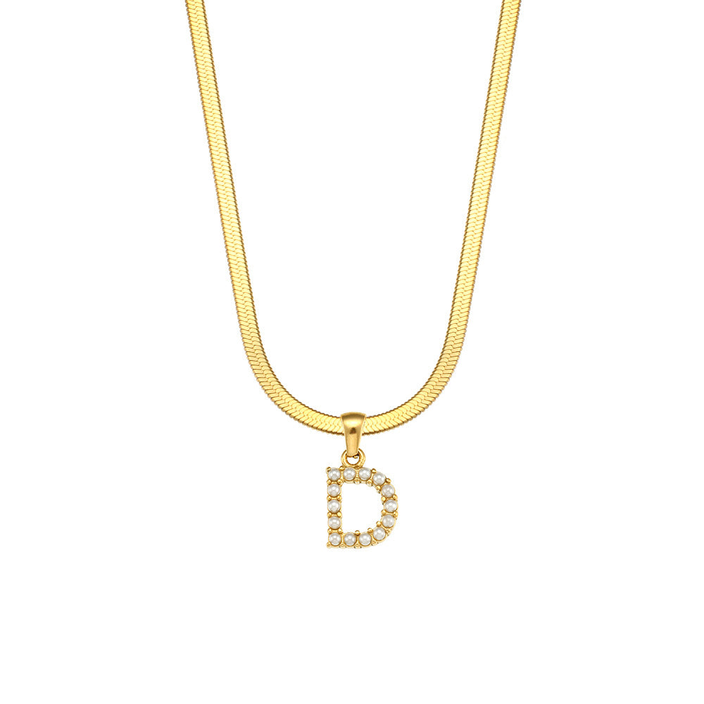 Elegant Letter Pendant Necklace with 18K Gold Plated Snake Chain and Artificial Pearls