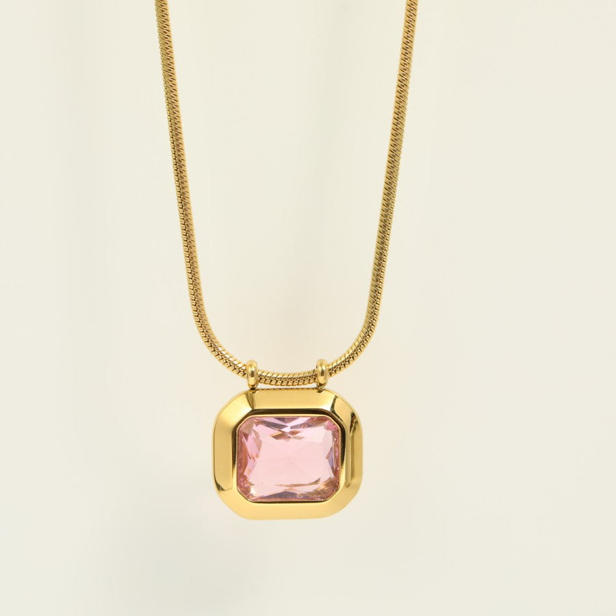 Retro Geometric Zircon Pendant Necklace with 18K Gold Plated Titanium Steel Chain