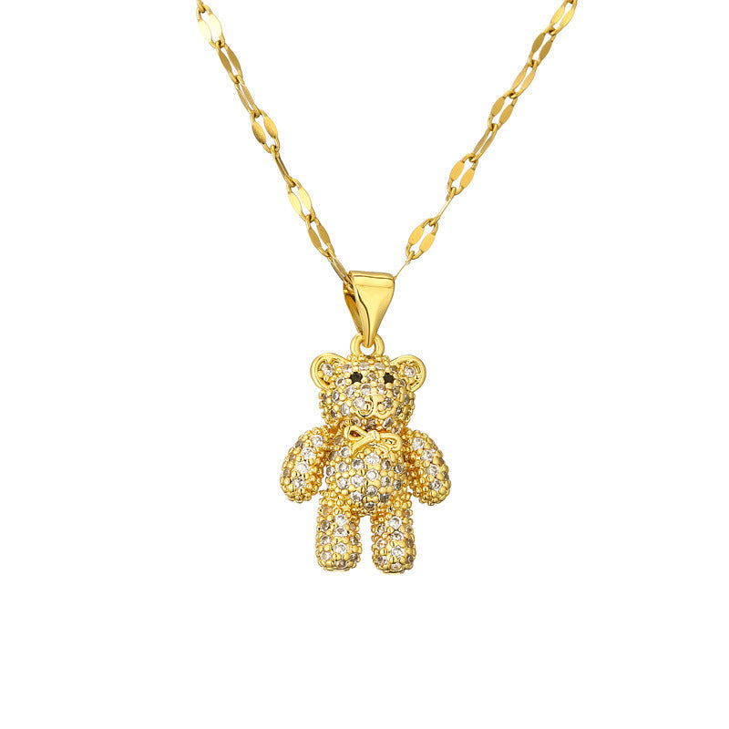 IG Style Cute Bear Zircon Inlay Gold Plated Pendant Necklace