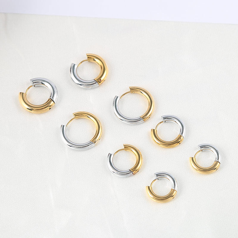 Fashion Color Block Stainless Steel Hoop Earrings - 4mm Diameter Retro Style